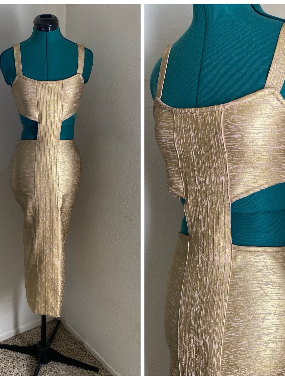 Bella Barnett M Gold Metallic Cutout Midi Dress